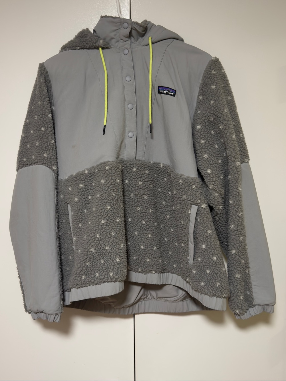 Patagonia Gray Sherpa Pullover with Neon Yellow Drawcords